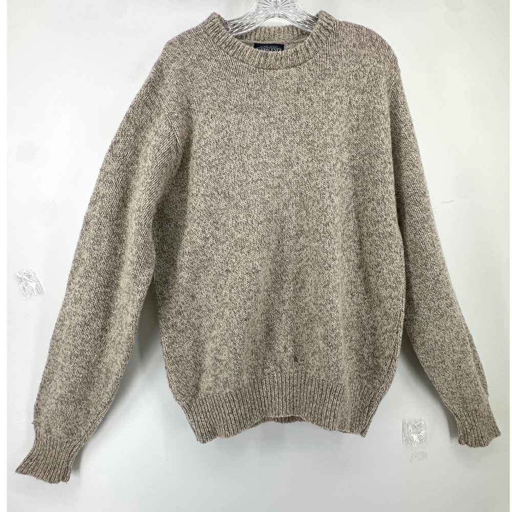 Vintage Lands End Mens L Long Wool Blend Crewneck Sweater Oatmeal Marl USA Made
